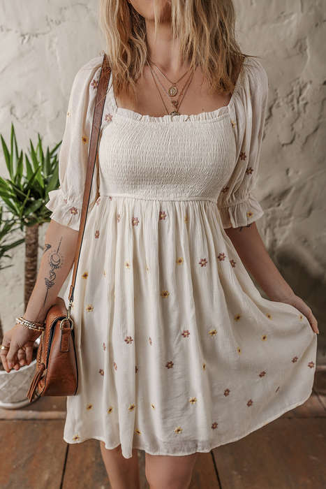 Beige Embroidered Flower Smocked Bust Half Puff Sleeve Empire Waist Textured Flowy Dress