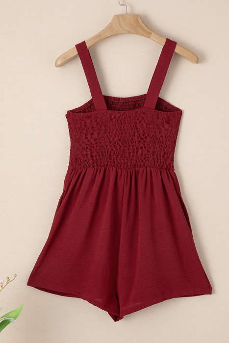 Burgundy Casual Pocketed Smocked Sleeveless Romper