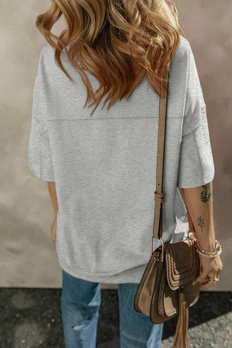 Gray Exposed Seam Button Neck Wide Sleeve Tunic Top