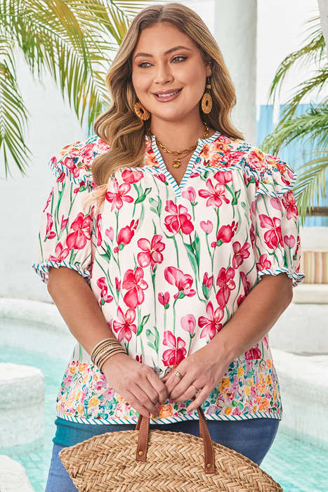 Pink Plus Size Floral Print Striped Trim V Neck Blouse