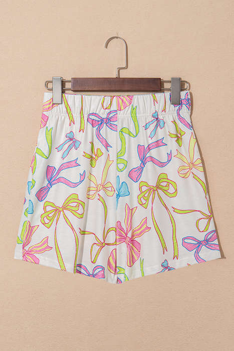 White Cheerful Bow Print Elastic Pull On Casual Shorts