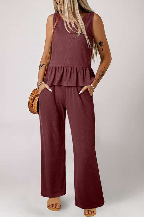 Red Dahlia Solid Color Ribbed Ruffle Tank Top and Pants Set
