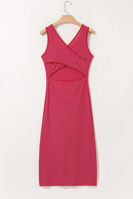 Red Stripe Criss Cross Side Slits Slim Fit Sleeveless Midi Dress