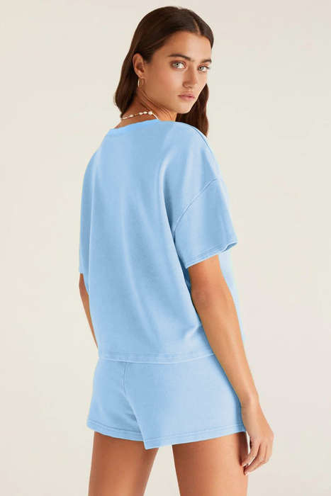 Myosotis V Neck Drop Shoulder Tee and Patchwork Drawstring Elastic Waistband Shorts Set