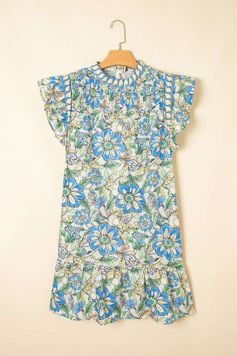 Spinach Green Botanical Floral Print Pleated Ruffle Detail Short Dress