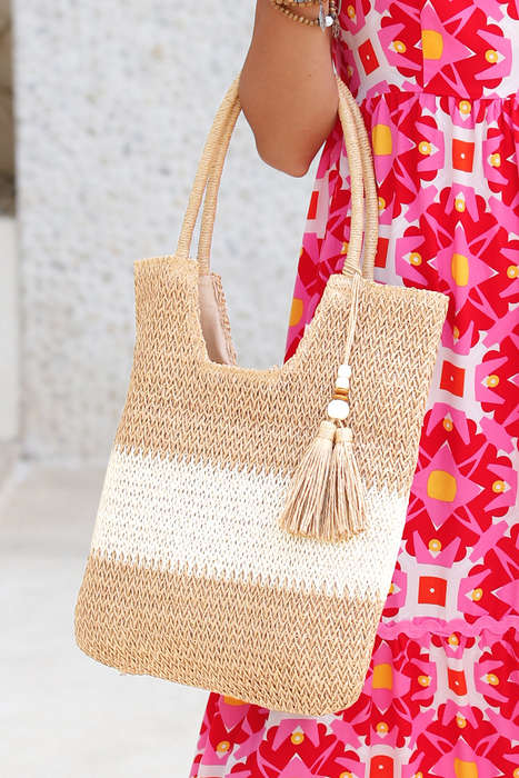 Chestnut Color Block Straw Woven Tassel Decor Tote Bag