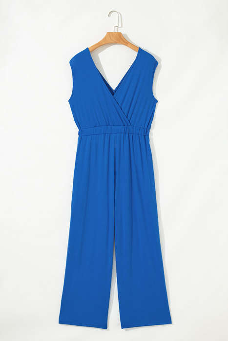 Sky Blue Deep V Pleated Crisscross Wide Leg Backless Jumpsuit