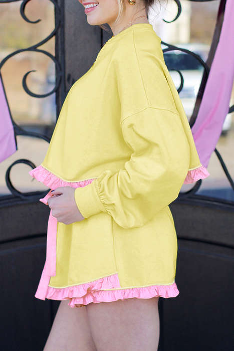 Yellow Contrast Plaid Ruffle Patchwork Pullover Top and Shorts Plus Size Set
