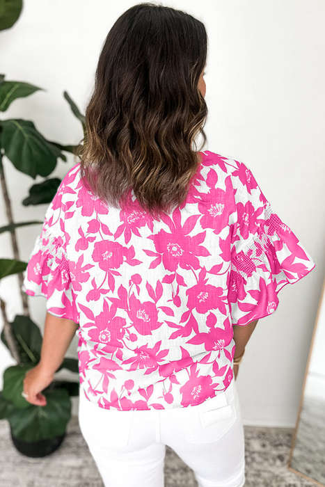 Pink Floral Printed Ruffled Short Sleeve Round Neck Loose Blouse
