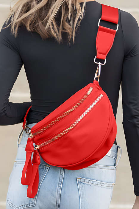 Fiery Red Double Zip Crescent Shape Adjustable Sling Bag