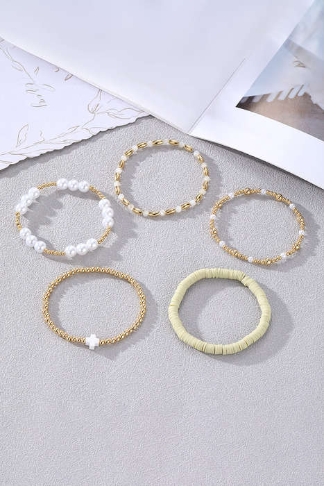 Gold Plated Beading Pearl Detail 5pcs Elastic Bracelet Set