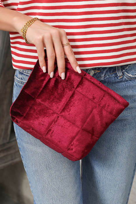 Burgundy Quilted Velour Zipper Cosmetic Organize Pouch