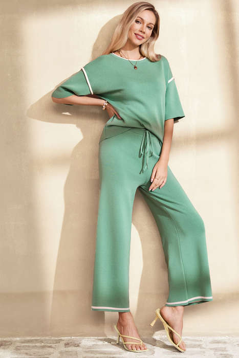 Canton Contrast Trim Half Sleeve Top Drawstring Pants Loose 2pcs Sweater Suit