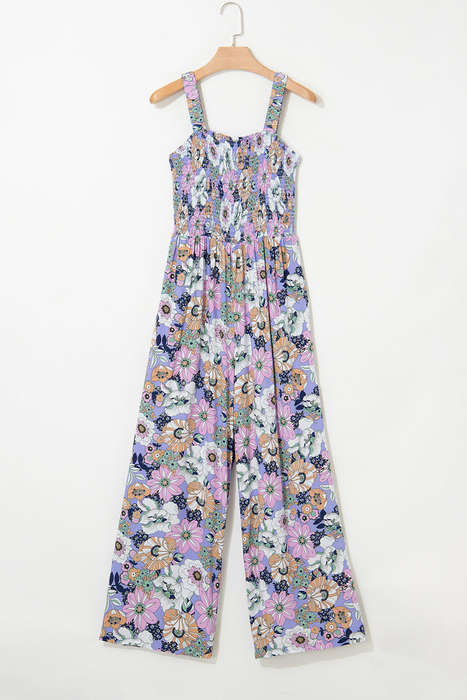Purple Floral Print Smocked High Waist Square Neck Jumpsuit