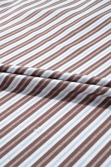 Chestnut Striped Stand V Neck Short Sleeve Blouse