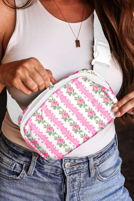 White Flower Print Buckle Wide Strap Sling Bag