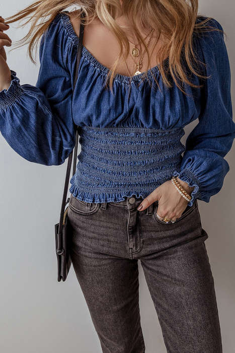 Dark Blue Smocked Ruffled Puff Sleeve V Neck Denim Blouse