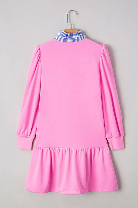 Pink Contrast Striped Collar Patchwork Puff Sleeve Ruffle Hem Mini Dress
