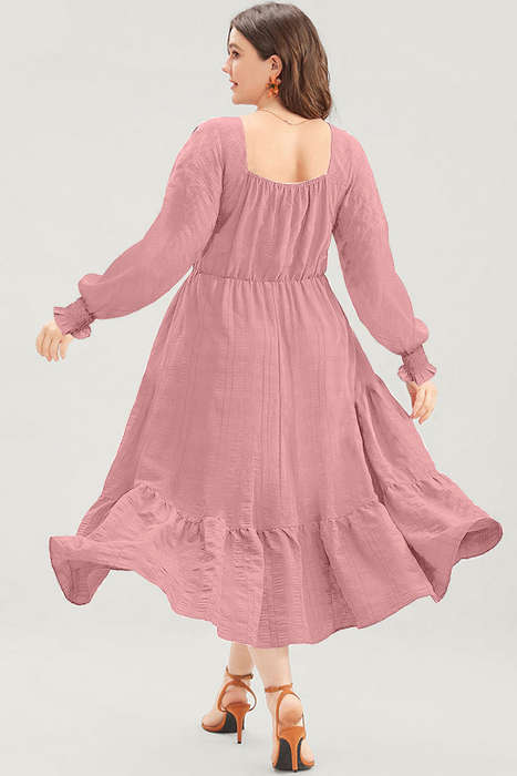 Pink Lace-up Ruched Front Long Sleeve Ruffle Hem Plus Size Midi Dress