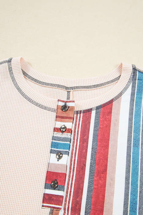 Beige Striped Waffle Patchwork Exposed Seam Raw Edge Casual Knit Top