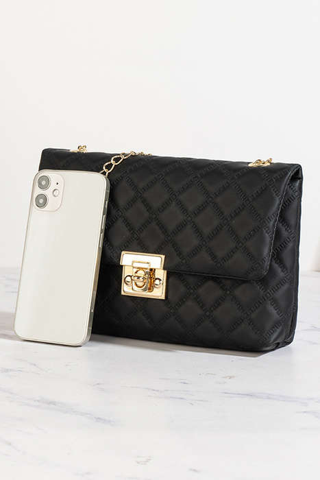 Black Textured PU Leather Gold Chain Buckle Single Shoulder Bag