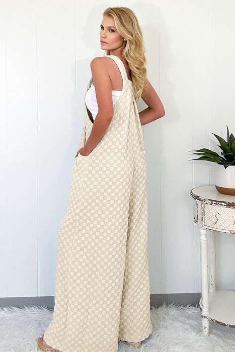 Beige Checkered Pocketed High Waist Wide Leg Overall