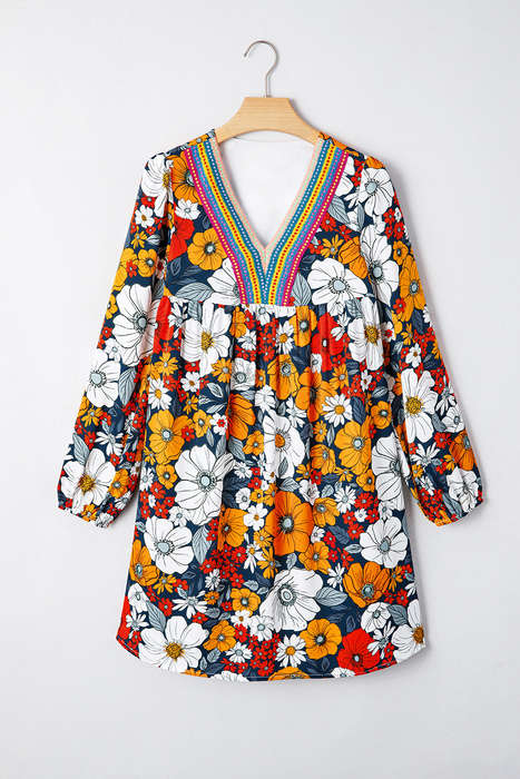 Orange Floral Print Striped Lace V Neck Long Sleeve Mini Dress