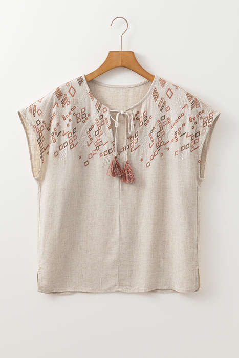 Jet Stream Geometric Embroidered Short Sleeve Tassel Tied V Neck Blouse