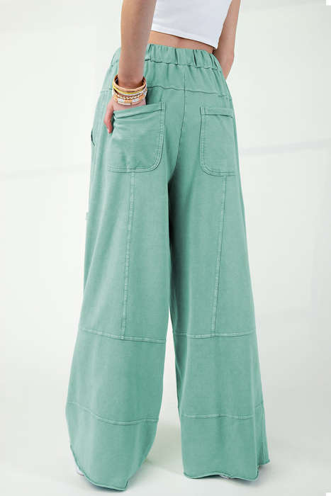 Mint Green Mineral Wash Exposed Seam Drawstring Elastic Waistband Wide Leg Cargo Pants