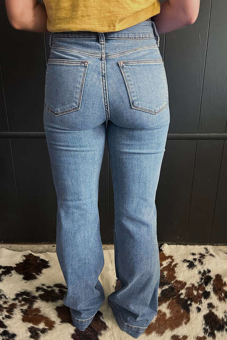 Dusk Blue 2 Button High Waist Piping Trim Bootcut Jeans
