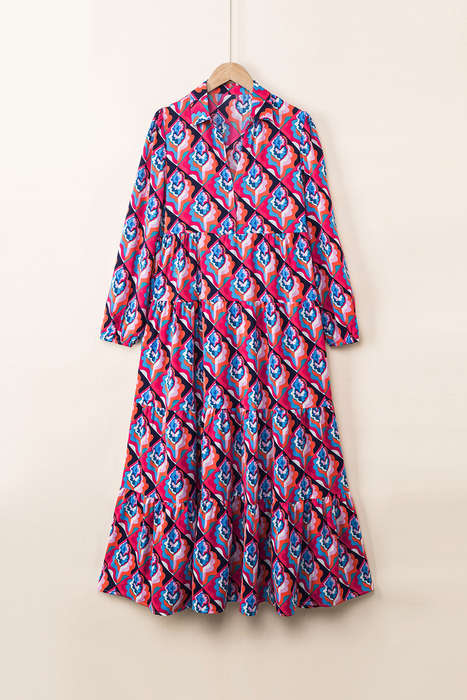 Abstract Geometric Print Long Sleeve High Waist Dress