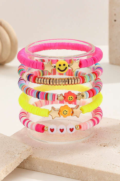 Bright Pink Smile Face Flower Beaded 5pcs Bracelet Set (Color of Flower May Vary)