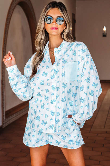 Sky Blue Floral Striped Print Contrast Patched Pocket Shirt and Shorts Set