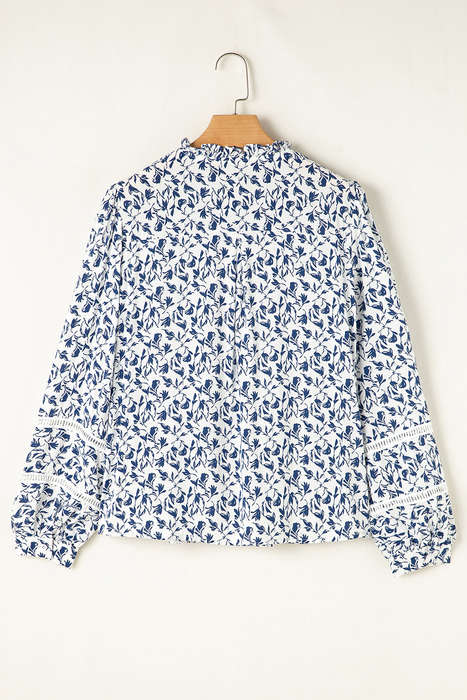 Blue Printed Lace Detail Floral Puff Sleeve Fall Shirt