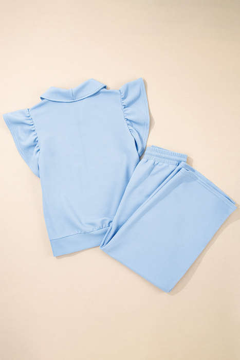 Beau Blue Textured Ruffled Sleeve Zipped Top and Wide Leg Pants Set