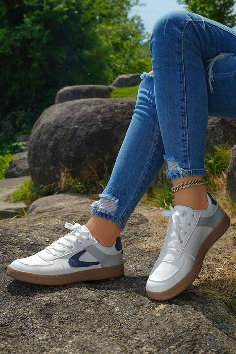 Navy Blue Color Contrast PU Leather Lace-up Sneakers
