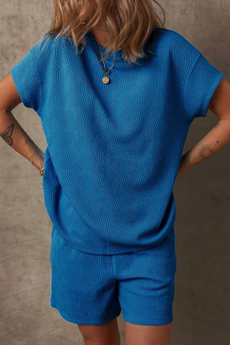 Bluing Solid Textured Crew Neck Short Set
