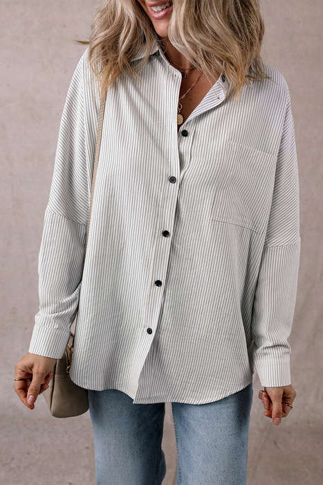 DEAR-LOVER Stripe Roll-tab Sleeve Pocketed Long Shirt