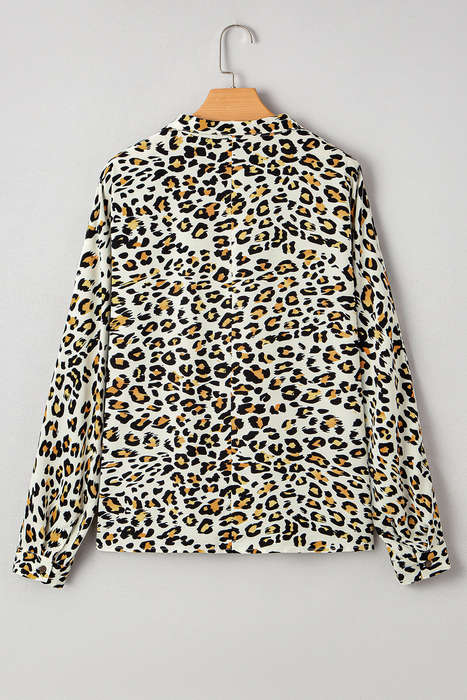Khaki Leopard Print Contrast Striped V Neck Blouse