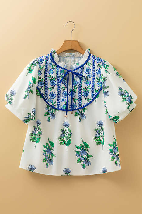 Beige Floral Print Piping Trim Tie Neck Short Sleeve Blouse