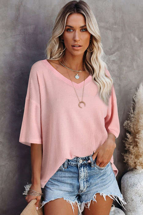 Light Pink Waffle Texture Ribbed V Neck Drop Shoulder Loose Tee