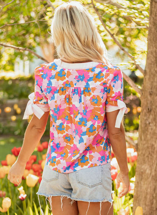 White Floral Colorblock Striped Edge V Neck Knotted Short Sleeve Blouse