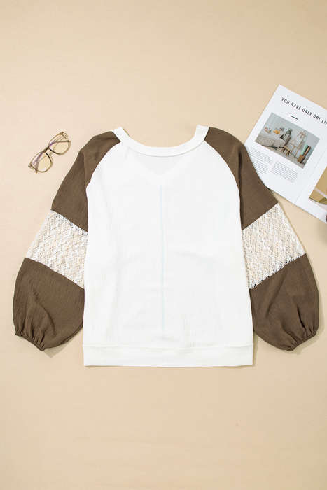 Green Colorblock Lace Patchwork Balloon Sleeve V Neck Plus Size Blouse