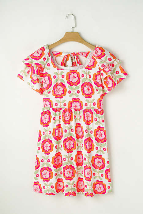 Rose Floral Print Square Neck Lace up Back Ruffled Sleeve Dress