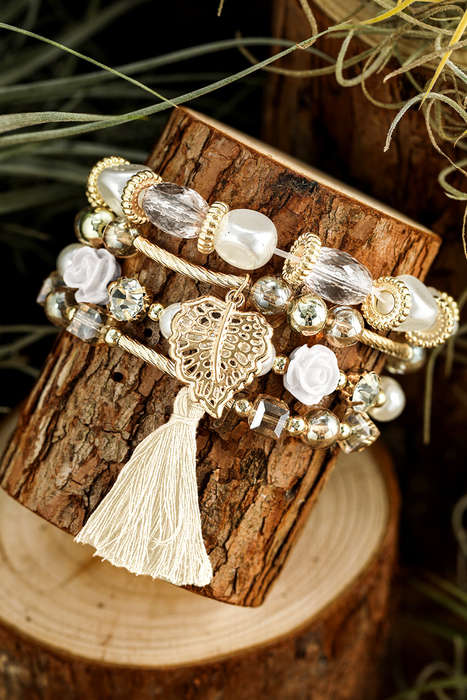 White Bohemian Rhinestone Beaded Fringed Layered Bracelet