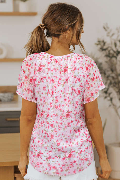 Red Flutter Sleeve V Neck Floral Summer Blouse