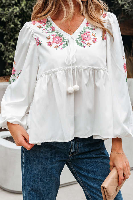 White Flower Lace-up V Neck Babydoll Blouse