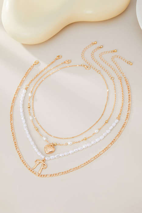 Gold Bow Heart Pendant Pearl Chaining Plated Necklace