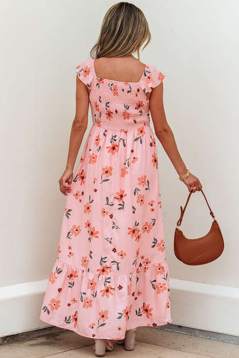 Pink Floral V Neck Smocked High Waist Ruffle Hem Long Dress