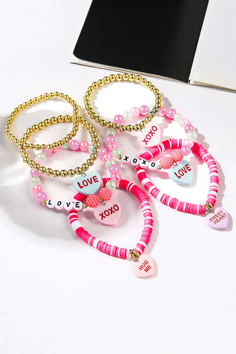 Bonbon Valentine Heart Pendant Beaded Elastic Bracelet Set